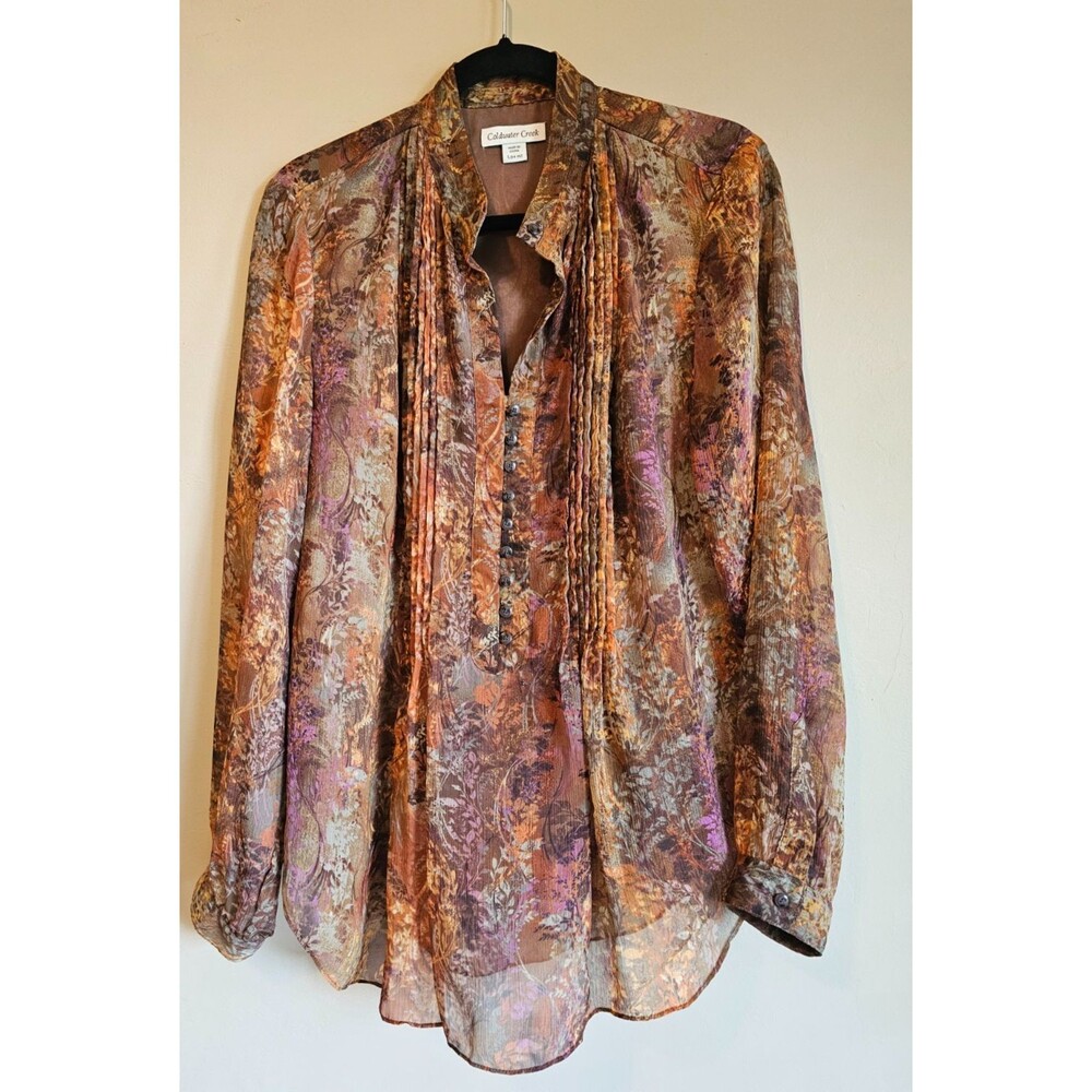 Coldwater Creek Womens Blouse Brown Floral Sophisticated Sheer Sz 14/16 Boho